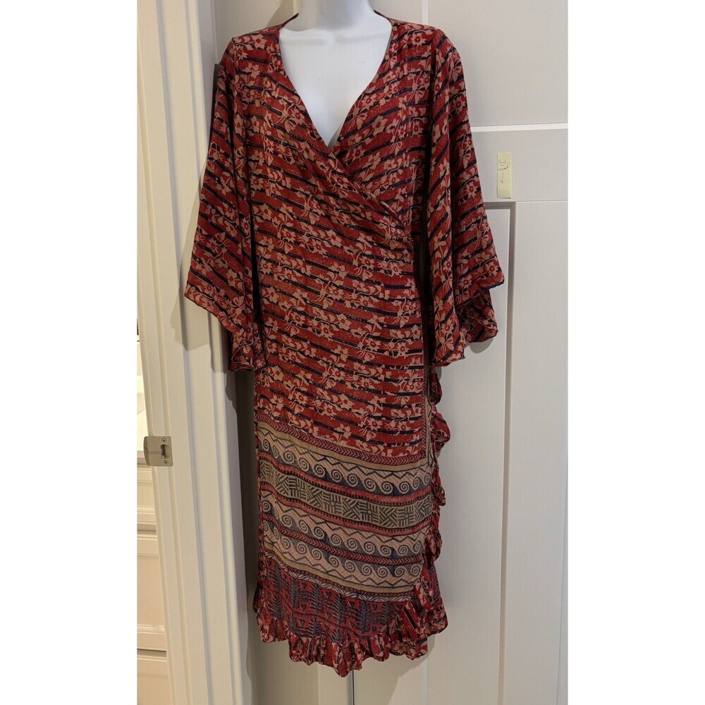 Indie Ella Unique Boho Wrap Dress Midi, 3/4 Butterfly Sleeves 100% Silk Sz M/L